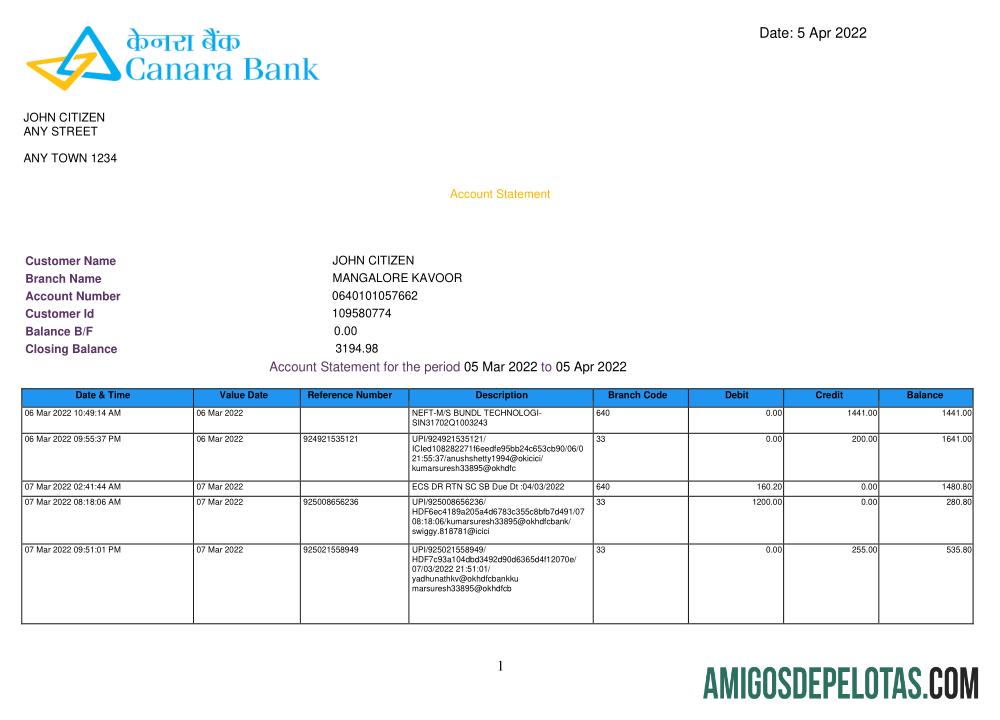 Modelo de extrato bancário INDIA CANARA para impressão, formato Word e PDF, versão 3
